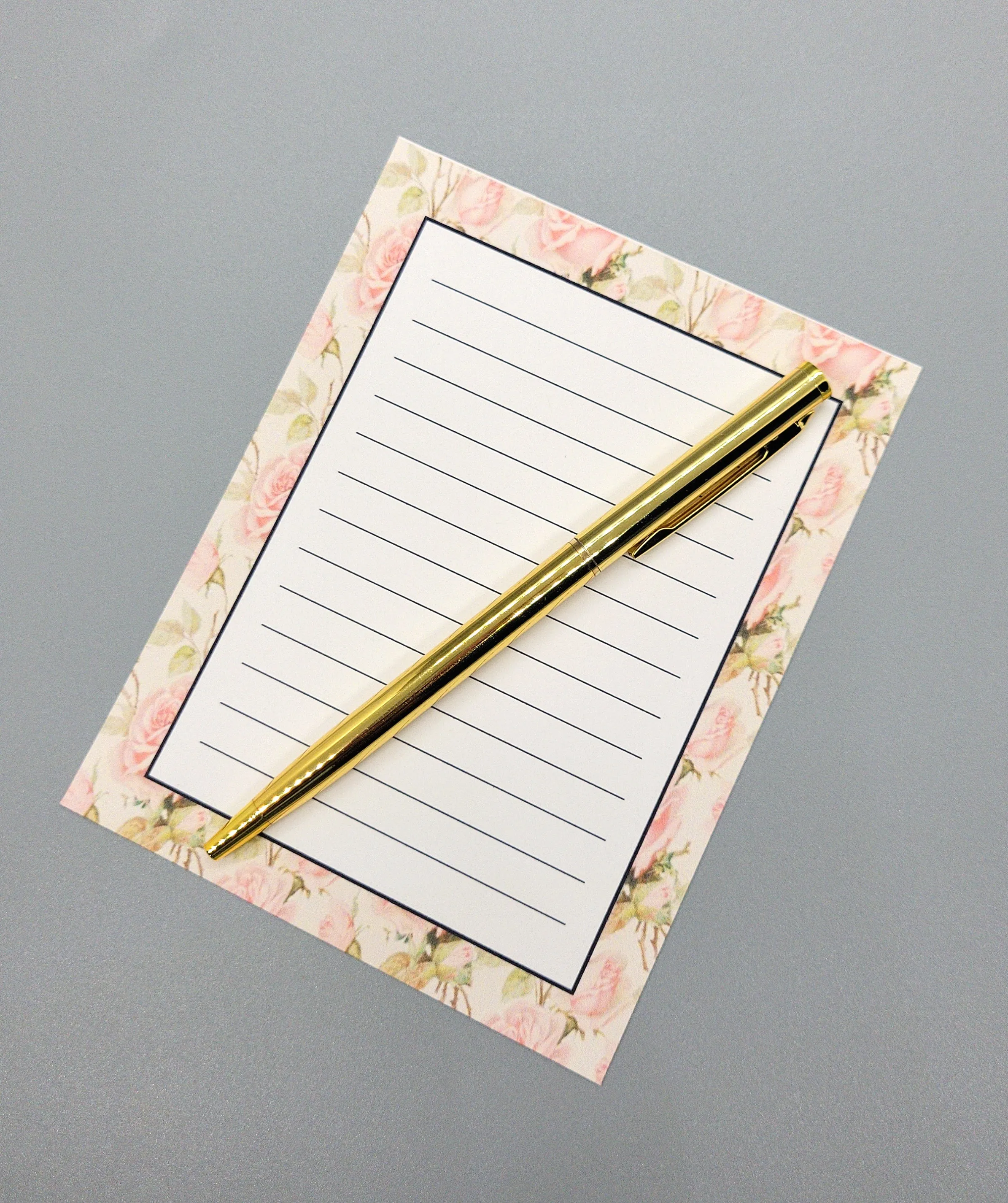 42-Pc Stationery Gift Box Set w/Reusable Desktop Organizer Box and Gold Pen - Shabby Chic Pink Roses