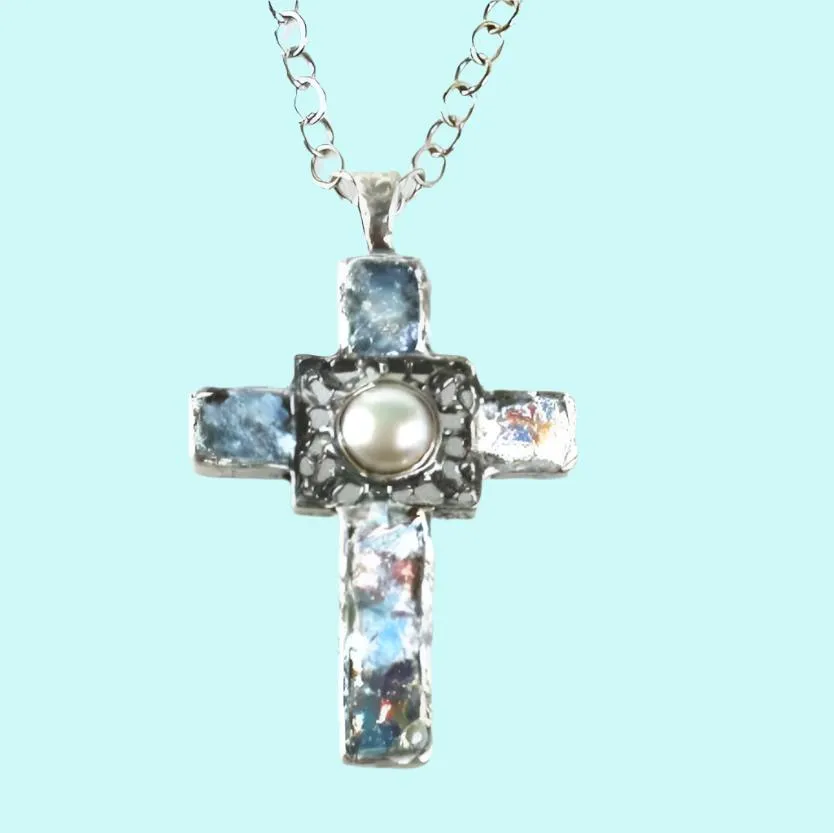 Cross pendant, Sterling Silver Hammered cross, Cross Roman Glass and Gemstones