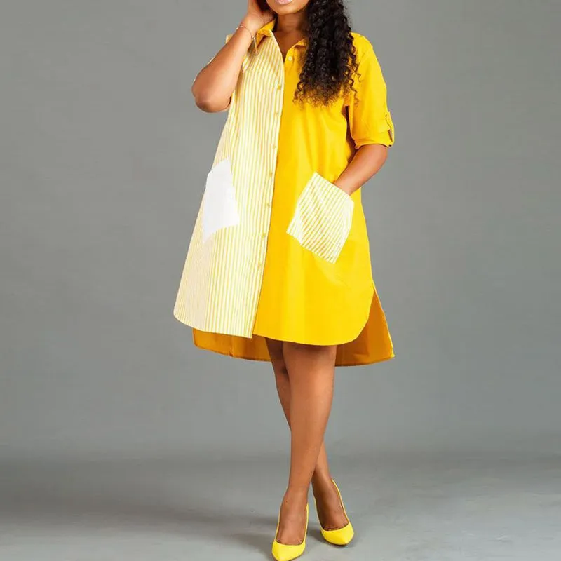 Pocket Strip Design Colorblock Half Sleeve Dress