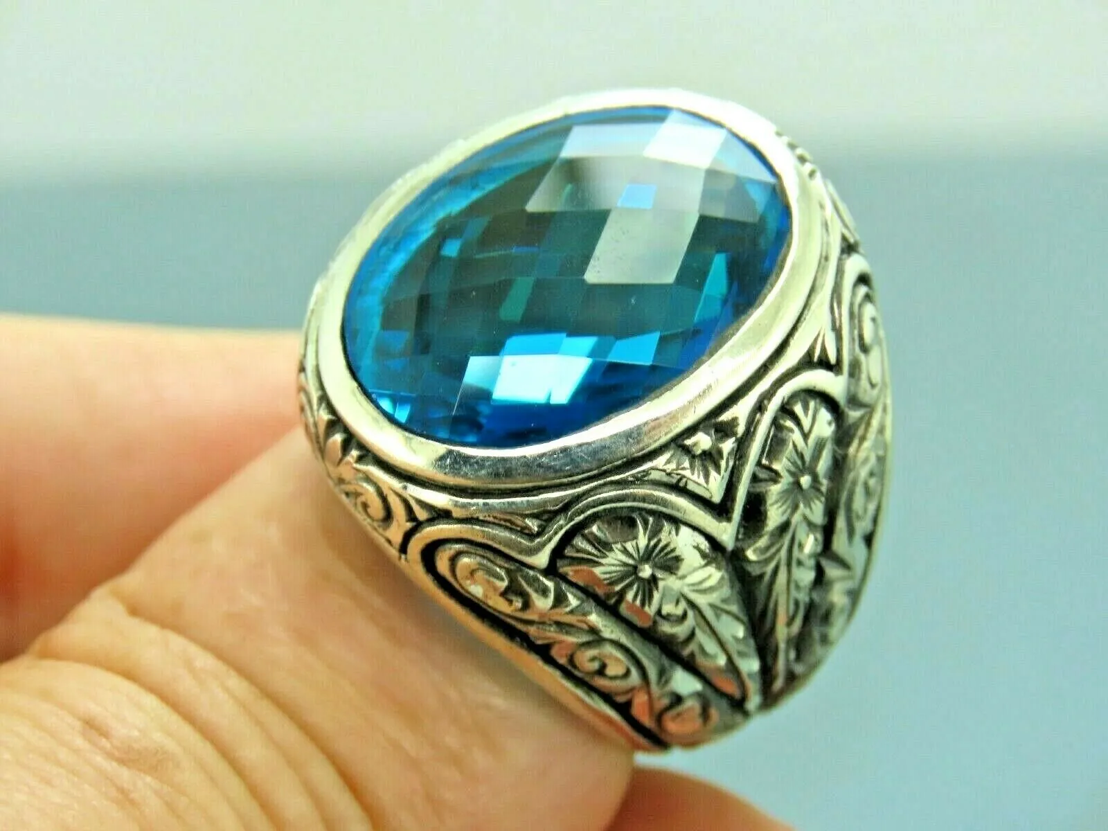 Turkish Handmade Jewelry 925 Sterling Silver Aquamarine Stone Mens Rings